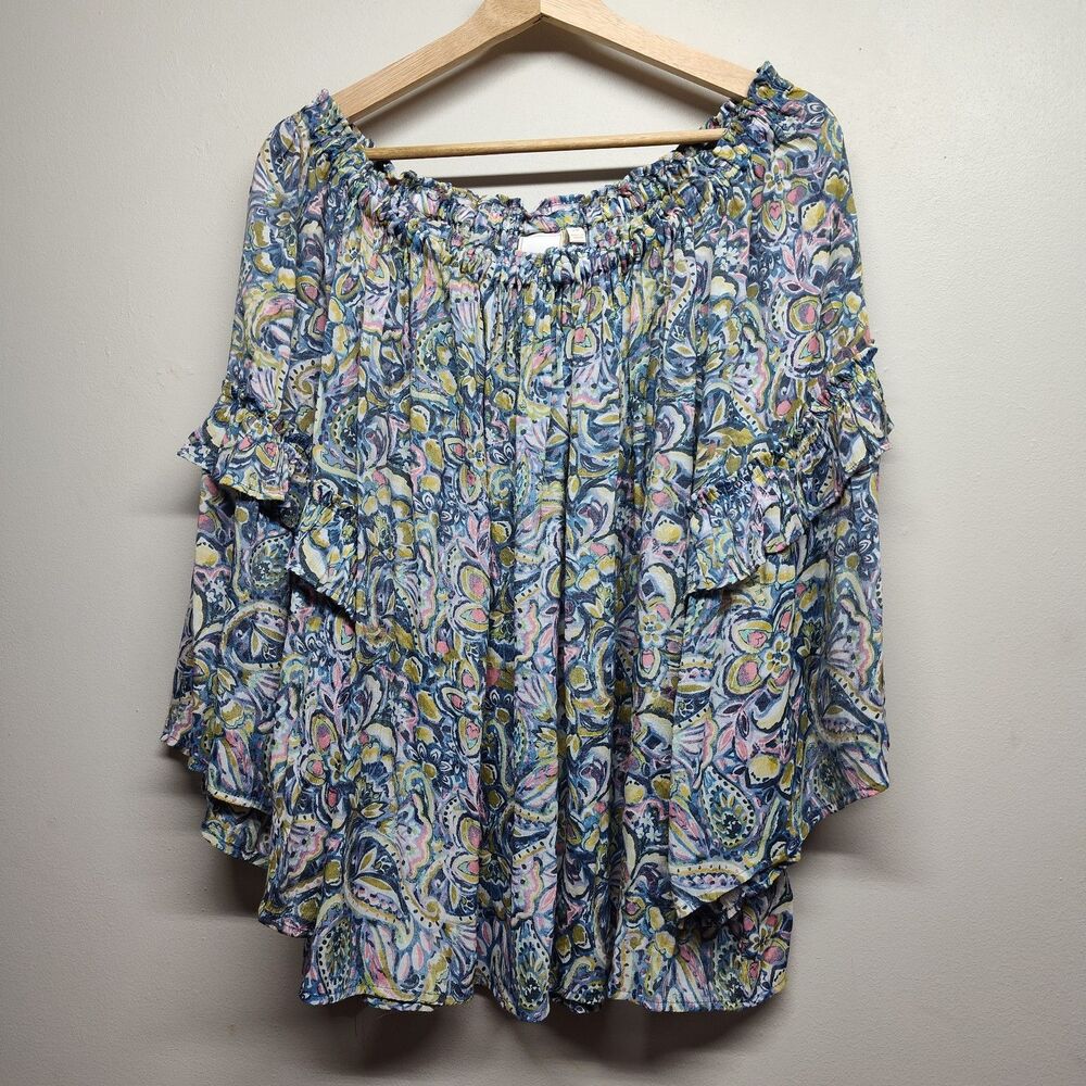 Sharagano Tunic Top Women 2X Blue Floral Bohemian Cottagecore Feminine Casual